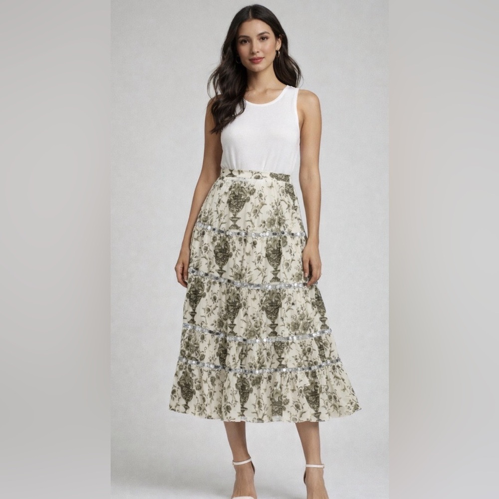 Soft Surroundings Lenora Floral Tiered Skirt Mirror Boho Whimsigoth Fairycore S